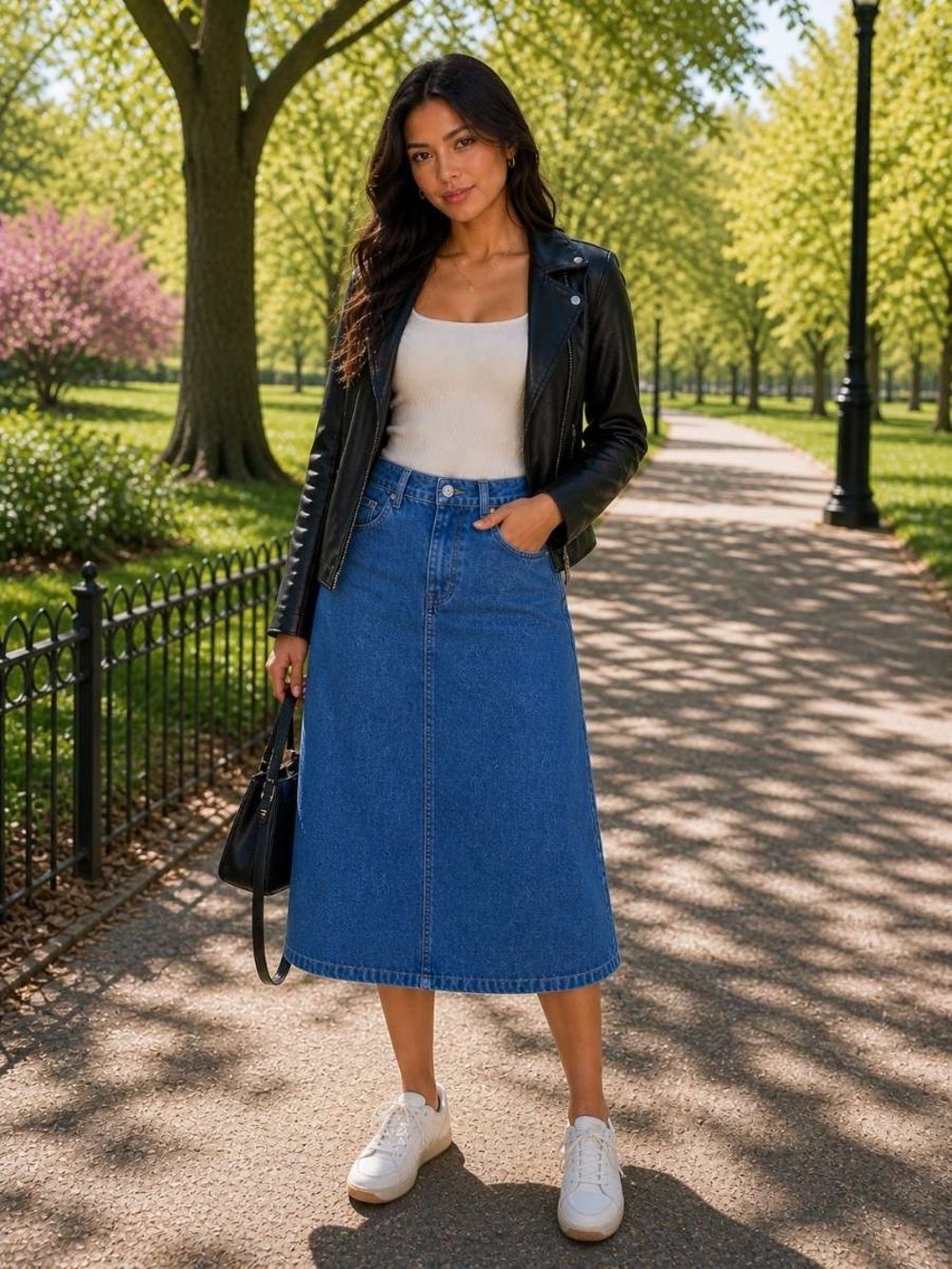 Women's Blue Denim Midi Skirt - Classic A-Line Style